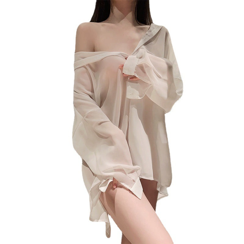 Image of erotic lingerie feminine see-through uniform temptation plus size backless shirt passion boyfriend style pajamas set 8850